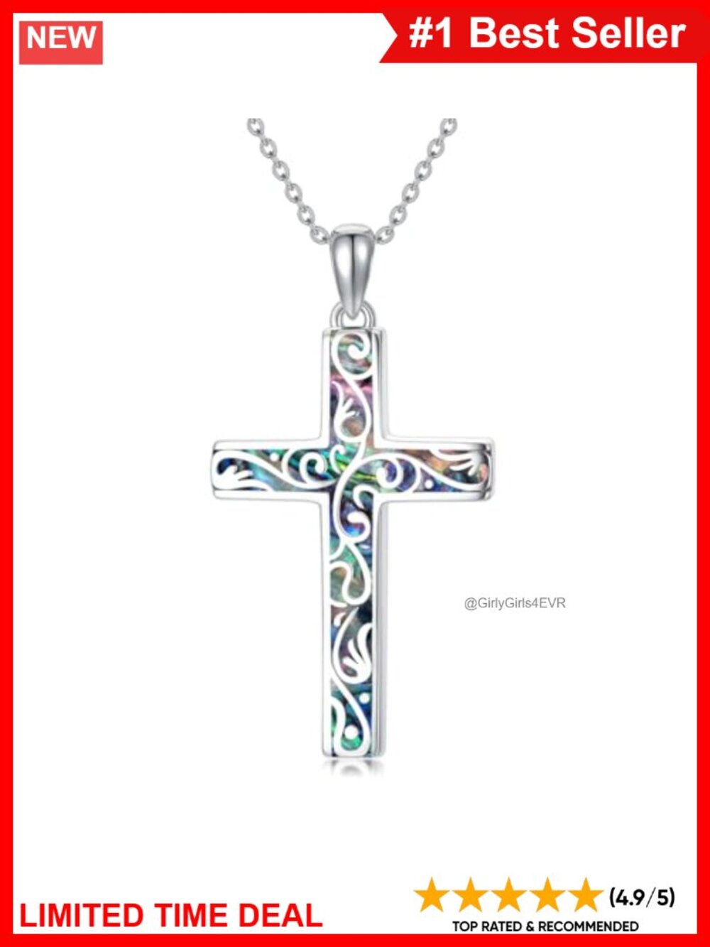 925 Sterling Silver Cross Pendant Necklace Abalone Inlay Religious Gift
